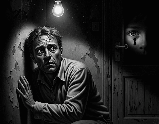 INNER SANCTUM (1948): A Man on the Run, From Himself Pulp noir image representing the film Inner Sanctum, showing a man being haunted by a hidden witness, symbolizing his inescapable guilt.