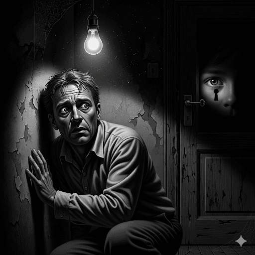 Pulp noir image representing the film Inner Sanctum, showing a man being haunted by a hidden witness, symbolizing his inescapable guilt.