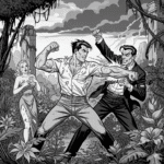 High-contrast, grayscale pulp magazine cover art depicting a hero fighting a foe to protect a woman in a perilous jungle, in the classic NewzHammer aesthetic.