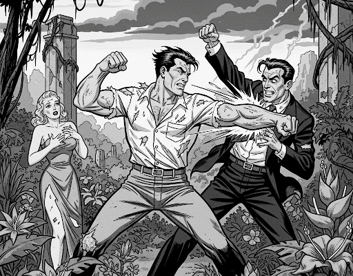 High-contrast, grayscale pulp magazine cover art depicting a hero fighting a foe to protect a woman in a perilous jungle, in the classic NewzHammer aesthetic.