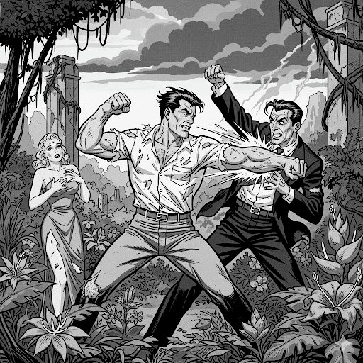 High-contrast, grayscale pulp magazine cover art depicting a hero fighting a foe to protect a woman in a perilous jungle, in the classic NewzHammer aesthetic.