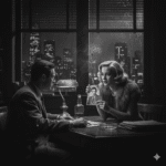 A distraught blonde woman in a fur stole sits across from a private detective in a dimly lit office, holding up a photograph of a man. A bottle of whiskey and an ashtray are on the desk between them, with a city skyline visible through the window at night.