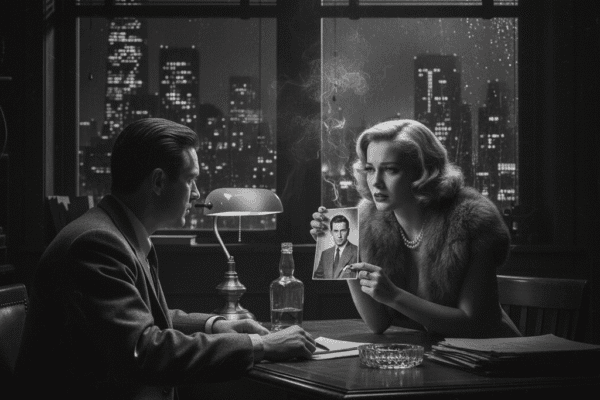 A distraught blonde woman in a fur stole sits across from a private detective in a dimly lit office, holding up a photograph of a man. A bottle of whiskey and an ashtray are on the desk between them, with a city skyline visible through the window at night.
