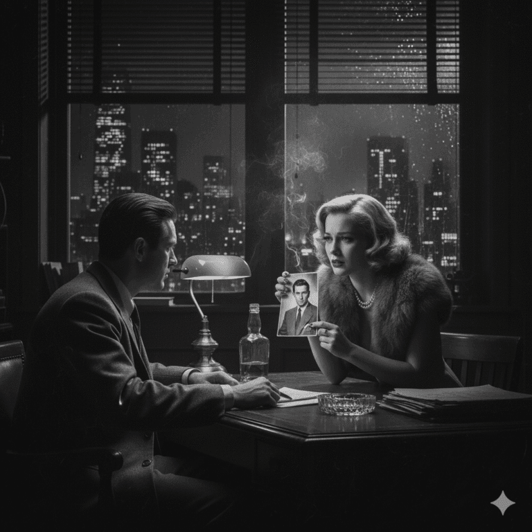 A distraught blonde woman in a fur stole sits across from a private detective in a dimly lit office, holding up a photograph of a man. A bottle of whiskey and an ashtray are on the desk between them, with a city skyline visible through the window at night.