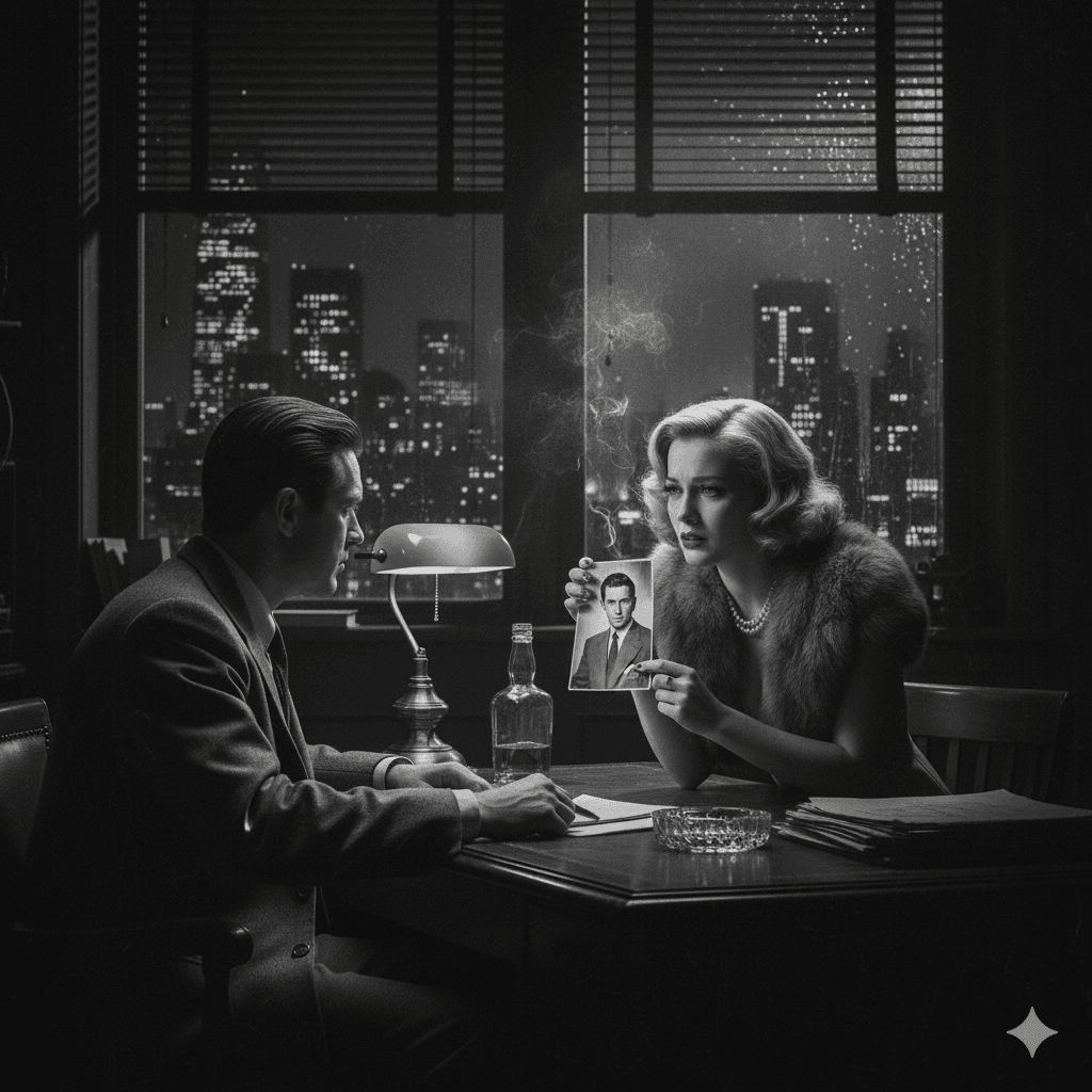 A distraught blonde woman in a fur stole sits across from a private detective in a dimly lit office, holding up a photograph of a man. A bottle of whiskey and an ashtray are on the desk between them, with a city skyline visible through the window at night.
