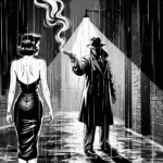Gritty, black-and-white pulp noir illustration of a man with a smoking gun in a rainy alley and a woman looking over her shoulder.