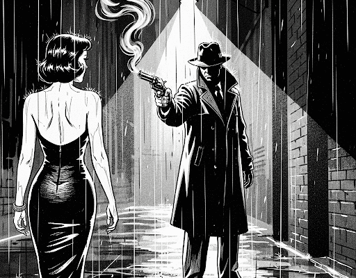 Gritty, black-and-white pulp noir illustration of a man with a smoking gun in a rainy alley and a woman looking over her shoulder.