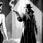 Gritty, black-and-white pulp noir illustration of a man with a smoking gun in a rainy alley and a woman looking over her shoulder.