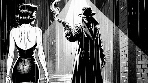 Gritty, black-and-white pulp noir illustration of a man with a smoking gun in a rainy alley and a woman looking over her shoulder.