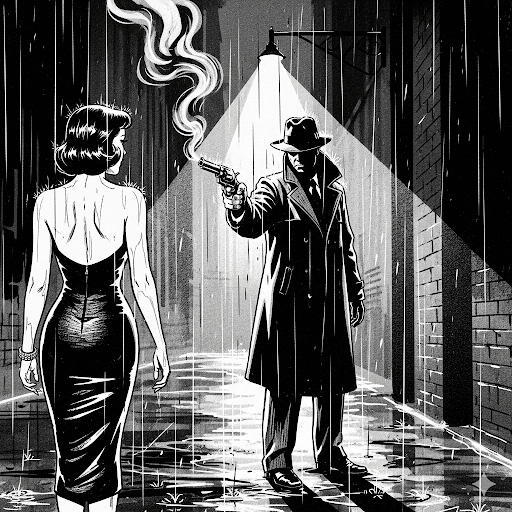 Gritty, black-and-white pulp noir illustration of a man with a smoking gun in a rainy alley and a woman looking over her shoulder.