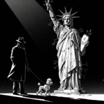 Pulp-noir political cartoon of a poodle on a leash and a broken Statue of Liberty, reflecting the post's theme of global disrespect for the U.S.