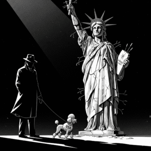 Pulp-noir political cartoon of a poodle on a leash and a broken Statue of Liberty, reflecting the post's theme of global disrespect for the U.S.