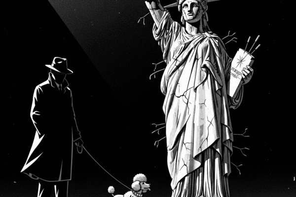 Pulp-noir political cartoon of a poodle on a leash and a broken Statue of Liberty, reflecting the post's theme of global disrespect for the U.S.
