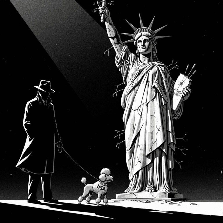 Pulp-noir political cartoon of a poodle on a leash and a broken Statue of Liberty, reflecting the post's theme of global disrespect for the U.S.