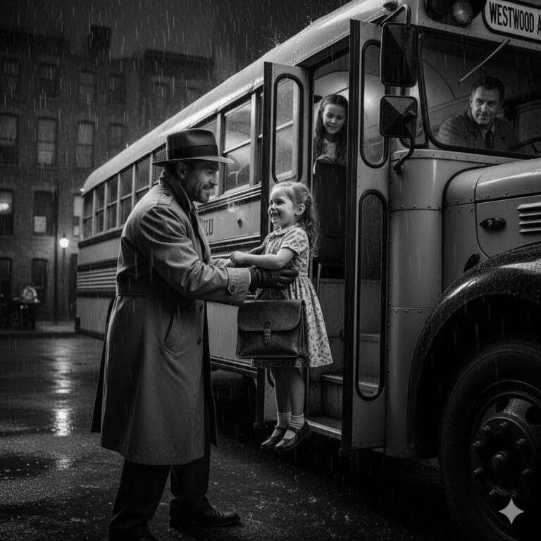 Private Dick Jack Hammer performing a rare, unnaturally sunlit domestic duty, placing a small, blonde girl onto a school bus in front of Westwood Academy. The scene is too bright.