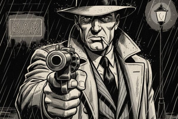 Noir black and white of Gangster Rocco Raccini pointing his hand gun dead ahead