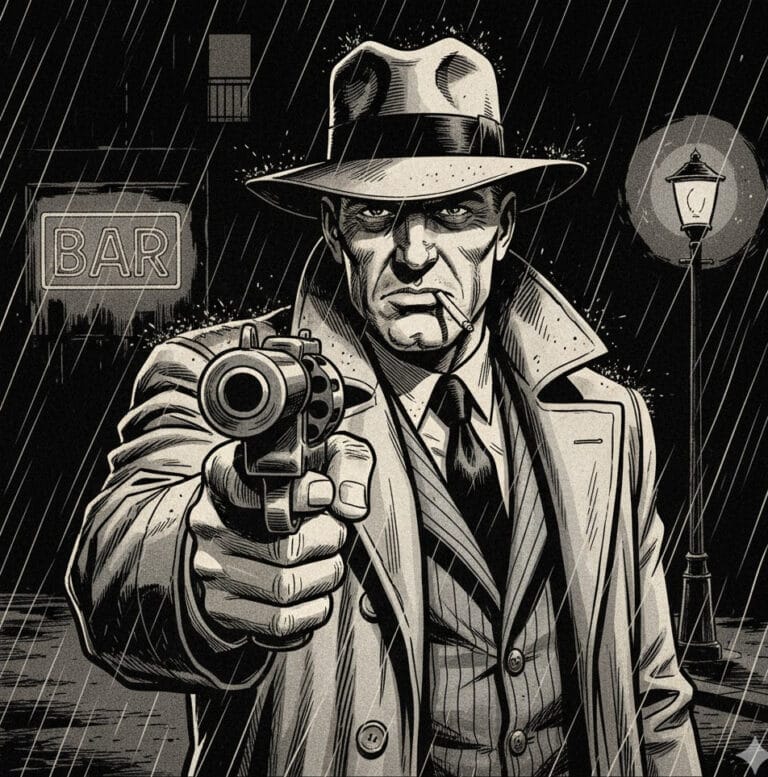 Noir black and white of Gangster Rocco Raccini pointing his hand gun dead ahead