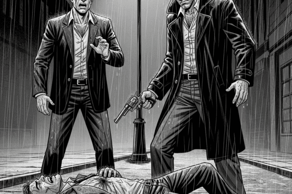 Black and white noir themed image of two gangsters standing over a man who has been shot in the chest