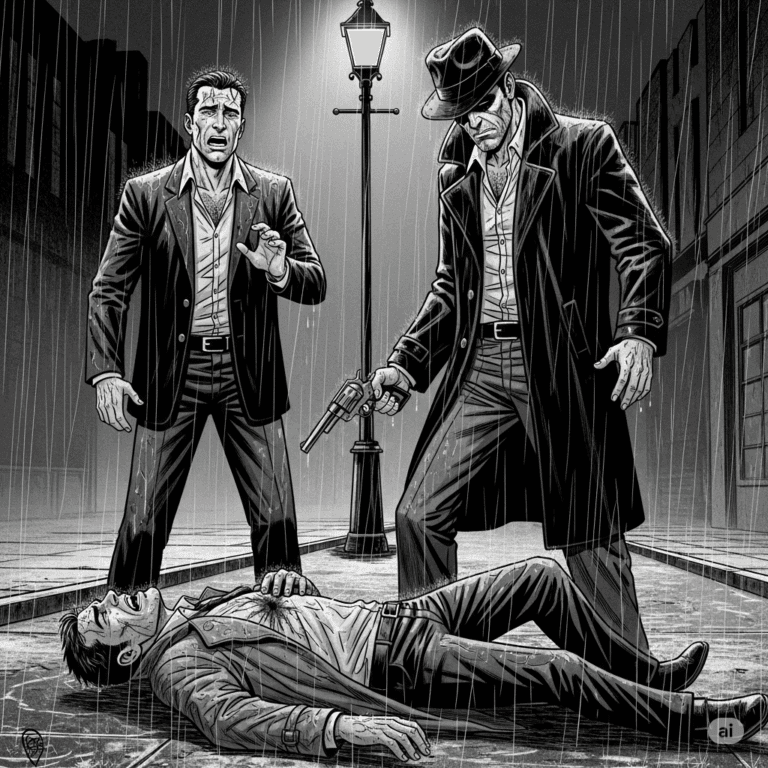 Black and white noir themed image of two gangsters standing over a man who has been shot in the chest