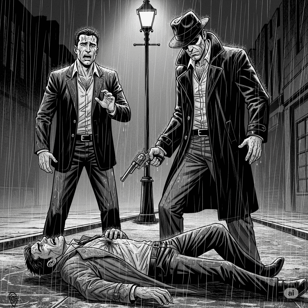 Black and white noir themed image of two gangsters standing over a man who has been shot in the chest