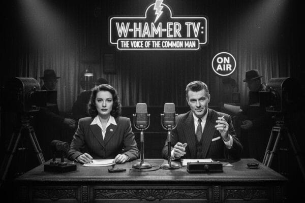 Pulp Noir TV news desk in broadcast station