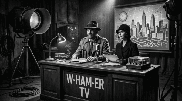 Black and white noir image of an attractive couple behind a 1940's style TV news desk.