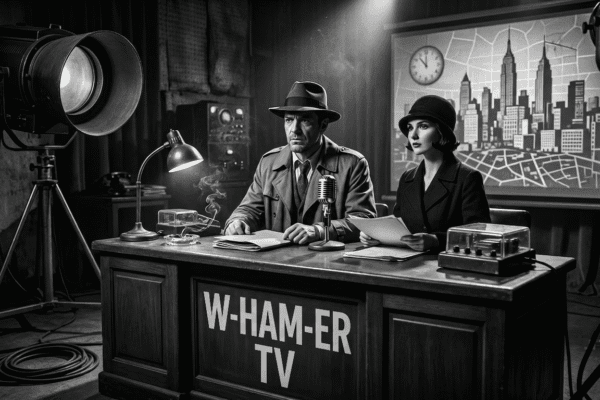 Black and white noir image of an attractive couple behind a 1940's style TV news desk.