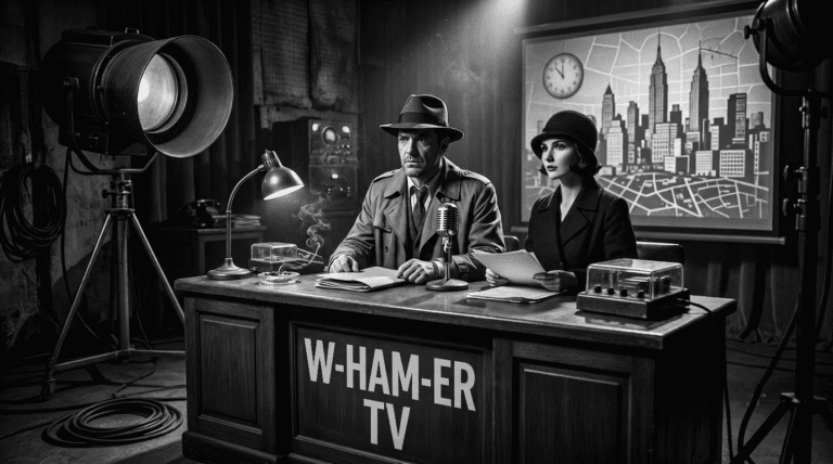 Black and white noir image of an attractive couple behind a 1940's style TV news desk.