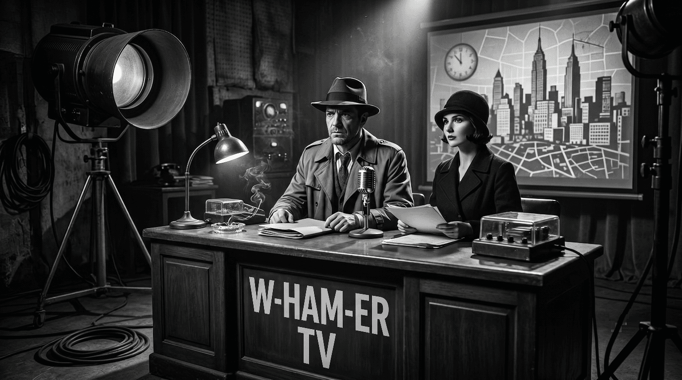 Black and white noir image of an attractive couple behind a 1940's style TV news desk.