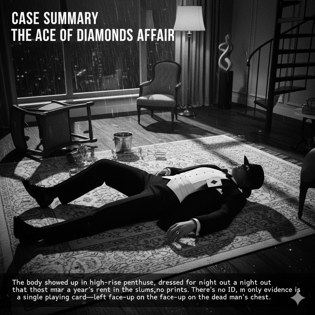 Case Summary: The body showed up in a high-rise penthouse, dressed for a night out in a tux that cost more than a year’s rent in the slums. There’s no ID, no prints, and the only evidence is a single playing card—the Ace of Diamonds—left face-up on the dead man’s chest.