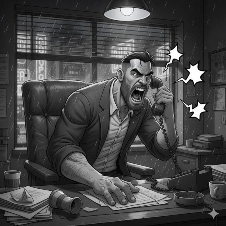 Noir animation of Jack Hammer shouting at the controller through the phone