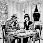 Black and white, pulp-noir style image of a happy family birthday scene. Private investigator Jack Hammer sits at a square table in a country kitchen, with a beautiful woman on his left and an 8-year-old girl on his right, who is blowing out the candles on her birthday cake.