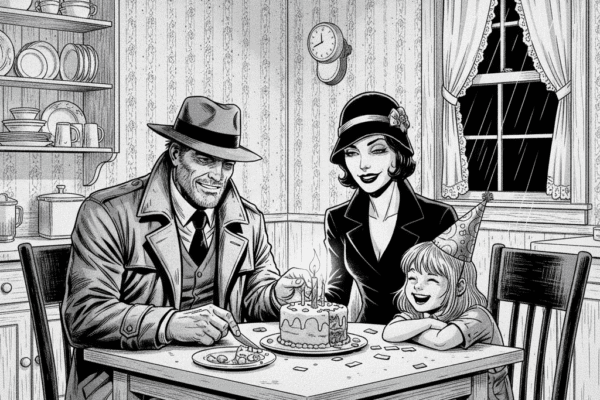 Black and white, pulp-noir style image of a happy family birthday scene. Private investigator Jack Hammer sits at a square table in a country kitchen, with a beautiful woman on his left and an 8-year-old girl on his right, who is blowing out the candles on her birthday cake.