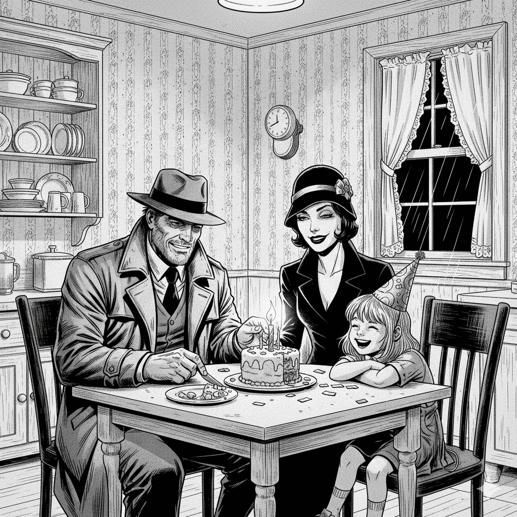 Black and white, pulp-noir style image of a happy family birthday scene. Private investigator Jack Hammer sits at a square table in a country kitchen, with a beautiful woman on his left and an 8-year-old girl on his right, who is blowing out the candles on her birthday cake.