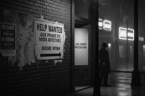 black and white noir scene of a help wanted sign outside of Jack Hammer's run down detective agency