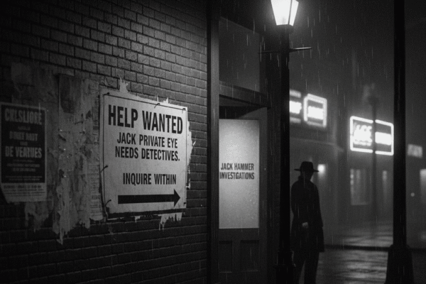 black and white noir scene of a help wanted sign outside of Jack Hammer's run down detective agency