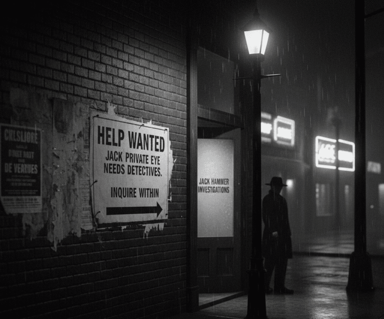 black and white noir scene of a help wanted sign outside of Jack Hammer's run down detective agency
