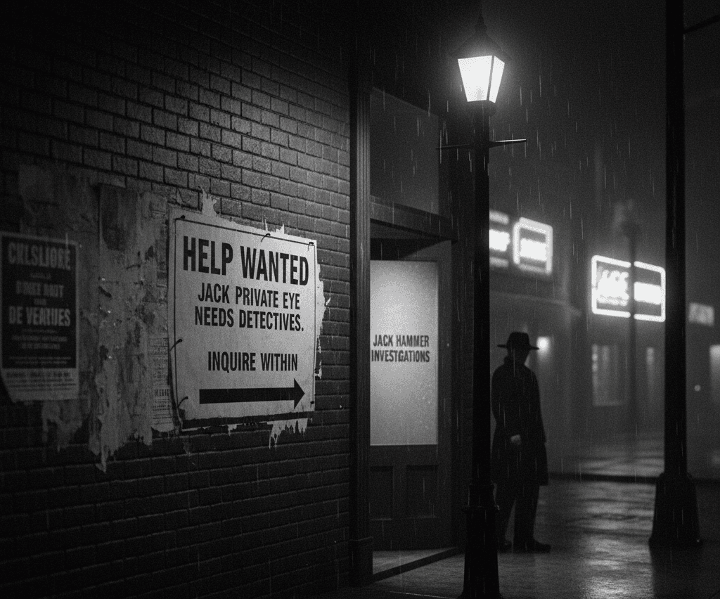 black and white noir scene of a help wanted sign outside of Jack Hammer's run down detective agency