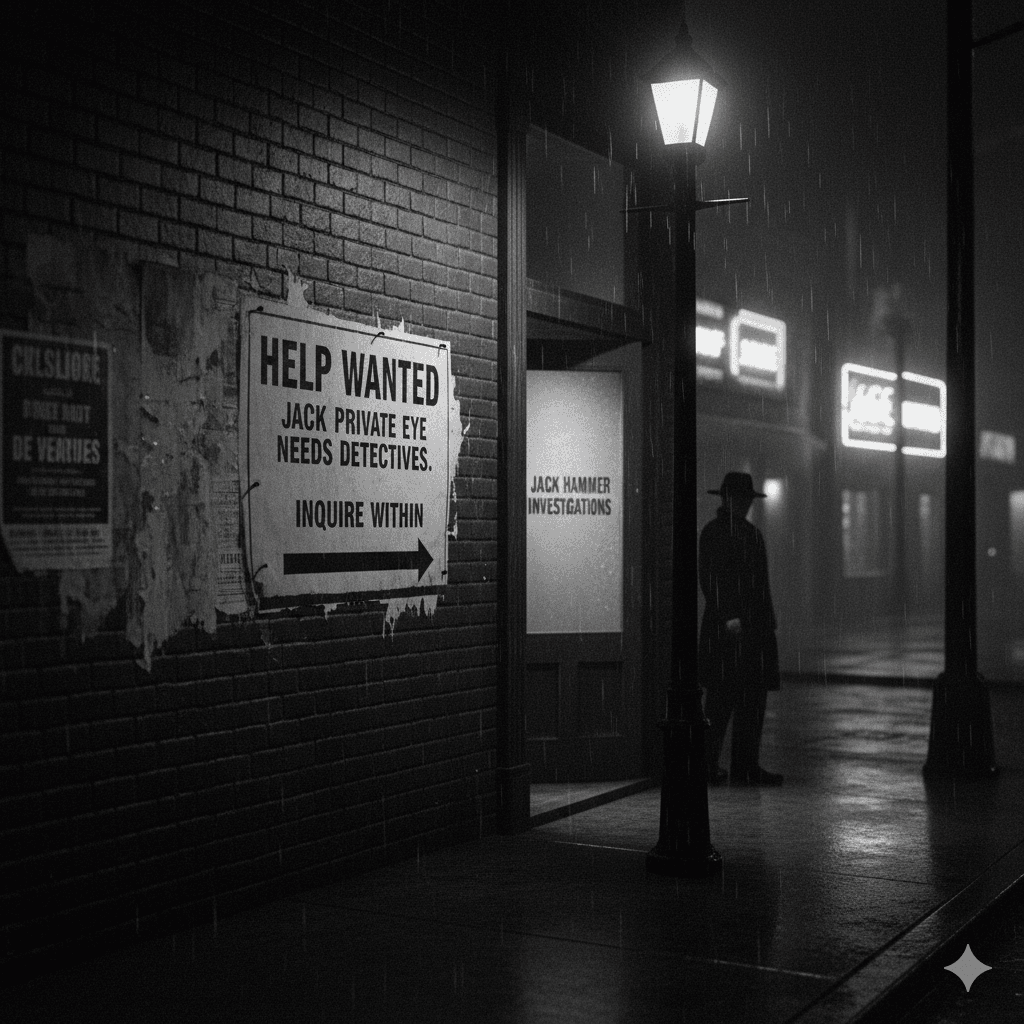 black and white noir scene of a help wanted sign outside of Jack Hammer's run down detective agency