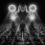 Black and white cosmic image of the Controller and the Gemini stars shining light onto Jack Hammer, who stands alone on a city game board.