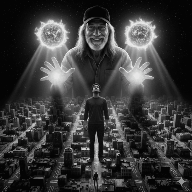 Black and white cosmic image of the Controller and the Gemini stars shining light onto Jack Hammer, who stands alone on a city game board.