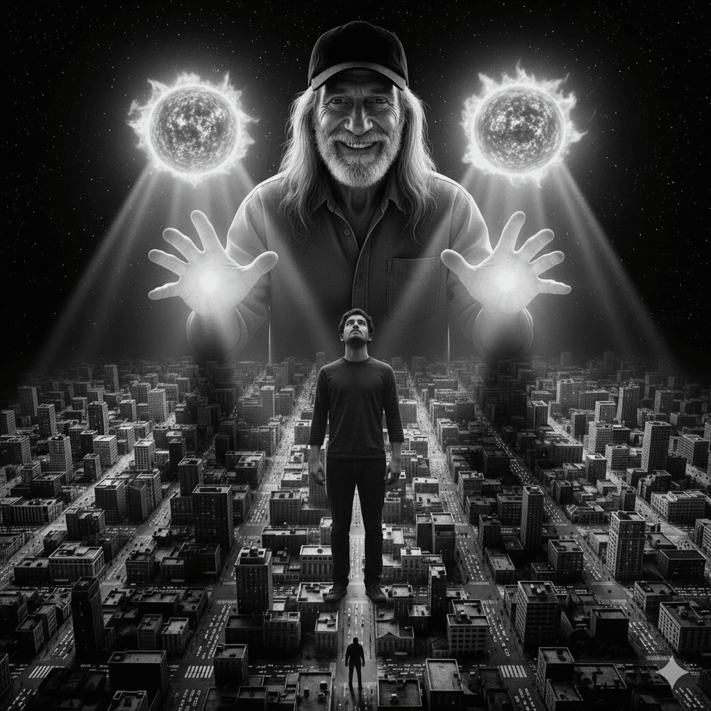 Black and white cosmic image of the Controller and the Gemini stars shining light onto Jack Hammer, who stands alone on a city game board.