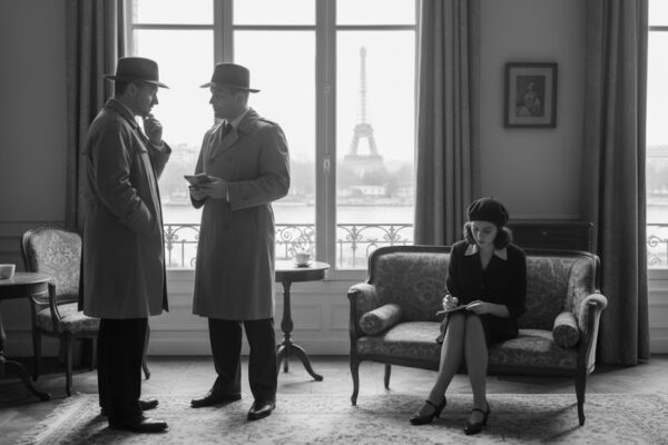 Two noir detectives stand in a French flat with a young French female poet.
