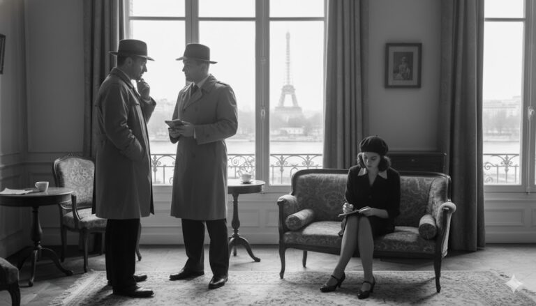 Two noir detectives stand in a French flat with a young French female poet.