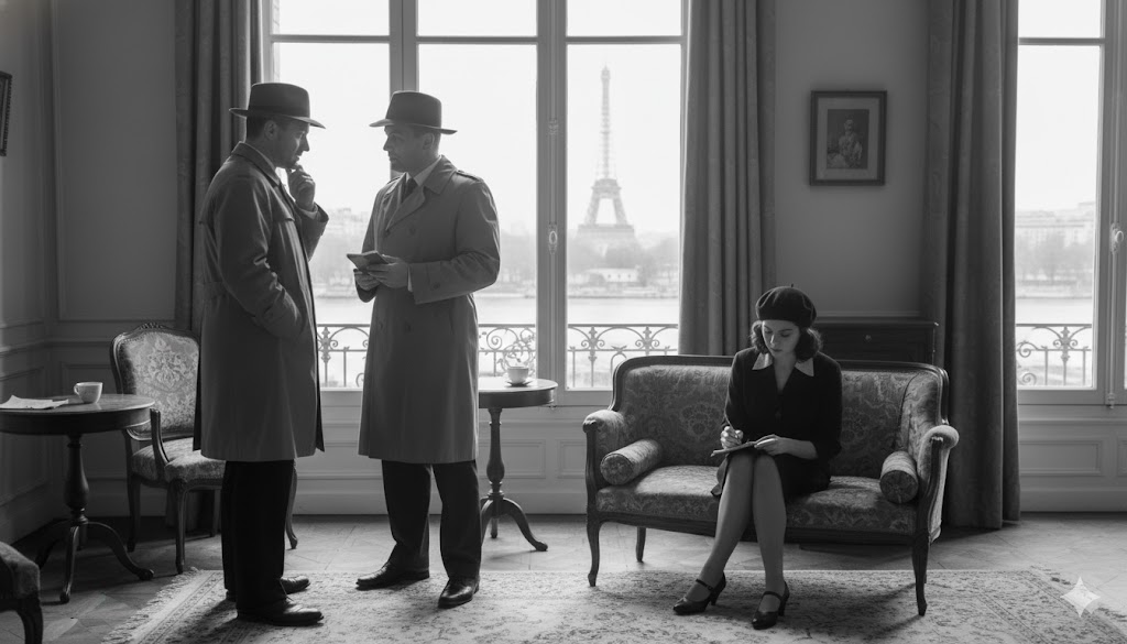 Two noir detectives stand in a French flat with a young French female poet.