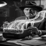 A high-contrast, black-and-white shot of the typist hands hovering over a glowing, ethereal typewrite. Instead of keys, his fingers are dipping into a pool of liquid light/code.