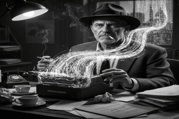 A high-contrast, black-and-white shot of the typist hands hovering over a glowing, ethereal typewrite. Instead of keys, his fingers are dipping into a pool of liquid light/code.