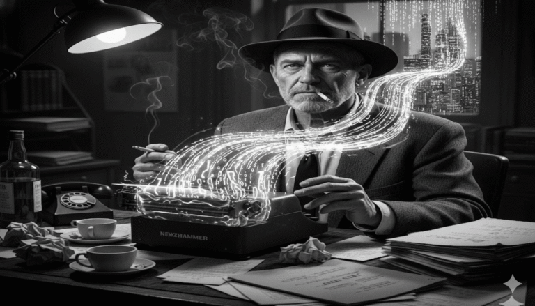 A high-contrast, black-and-white shot of the typist hands hovering over a glowing, ethereal typewrite. Instead of keys, his fingers are dipping into a pool of liquid light/code.