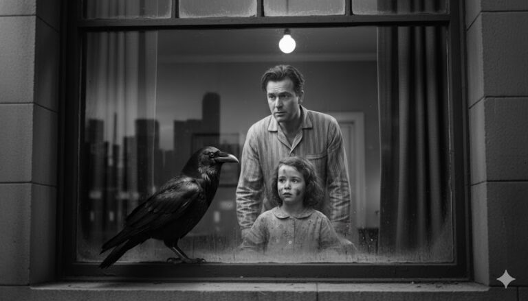 A noir era father and daughter look out the window as a jet black raven perches on the window sill.