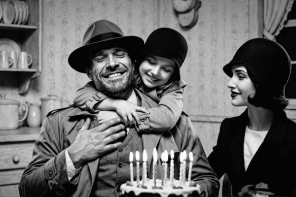 Black and white noir image of Jack Hammer with daughter Jackie Angel and wife Angela at a table with birthday cake